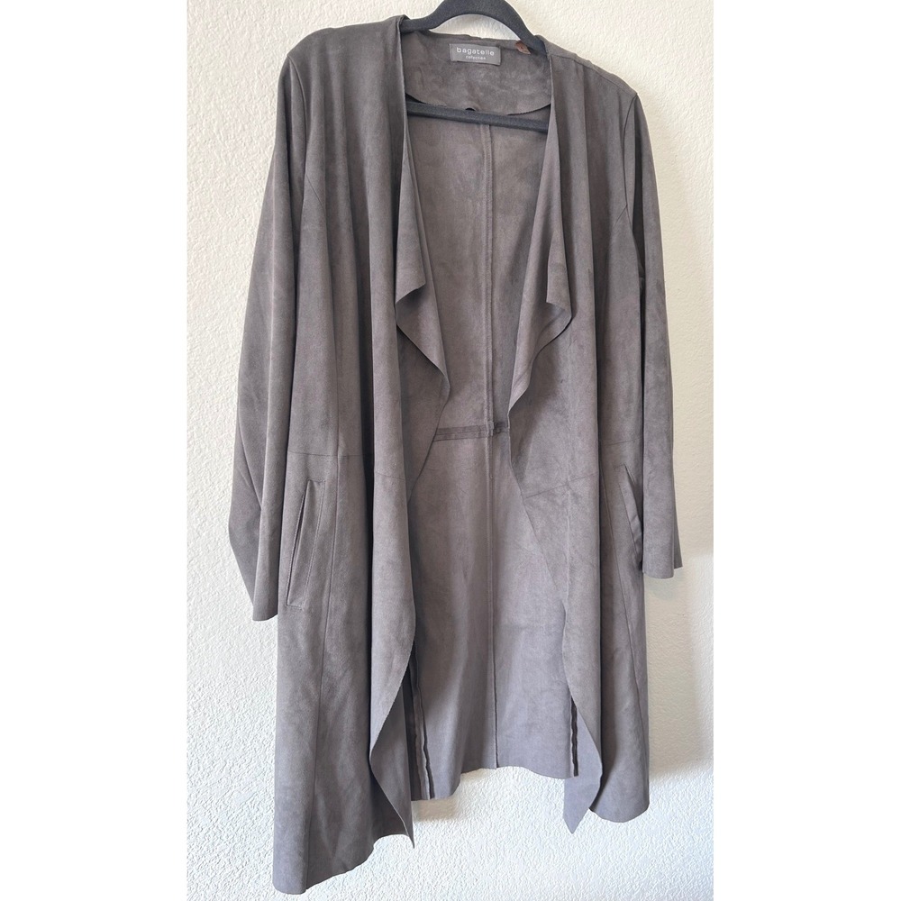 Scandi‎ Bagatelle Collection Gray Faux Suede Drape Open Front Jacket Coat SZ L
